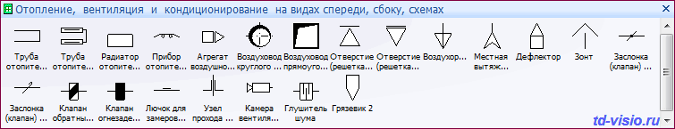 Отопление, вентиляция, кондиционирование (спереди, сбоку, на разрезах и схемах). Трафарет Visio Отопление, вентиляция, кондиционирование (спереди, сбоку, на разрезах и схемах).