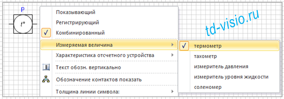 Выбор измеряемых параметров измерительного прибора на условном обозначении.