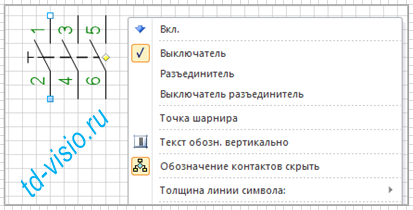 Контекстное меню фигуры Visio разъединитель 3-полюсный.