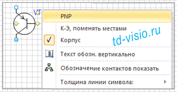 Контекстное меню фигуры Visio Транзистор биполярный.