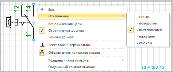 Контекстное меню фигуры Visio Выключатель аварийный размыкающий.