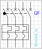 Выключатель, 4-полюсный, с 3-полюсным комбинированным расцепителем.