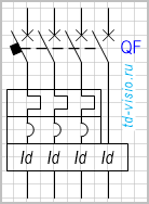 Выключатель, 4-полюсный, с 3-полюсным термомагнитным расцепителем и дифференциальной защитой.