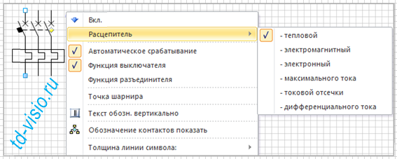 Контекстное меню фигуры Visio Выключатель автоматический 3-полюсный с расцепителем.