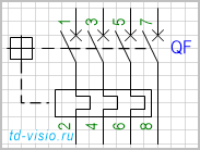 Выключатель, 4-полюсный, с 3-полюсной защитой.