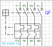 Выключатель, 4-полюсный, с 3-полюсным комбинированным расцепителем.