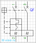 Выключатель, 2-полюсный, с 1-полюсным термомагнитным расцепителем и дифференциальной защитой.