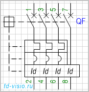 Выключатель, 4-полюсный, с 3-полюсным термомагнитным расцепителем и дифференциальной защитой.