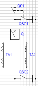 Блок-схема: разъединитель с заземляющим ножом - выключатель - заземляющий разъединитель (с двумя трансформаторами тока).