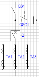 Блок-схема: разъединитель с заземляющим ножом - выключатель (с тремя трансформаторами тока).