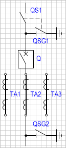 Блок-схема: разъединитель с заземляющим ножом - выключатель - заземляющий разъединитель (с тремя трансформаторами тока).