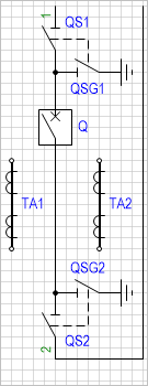 Блок-схема: разъединитель с заземляющим ножом - выключатель - разъединитель с заземляющим ножом (с двумя трансформаторами тока).