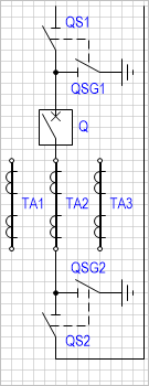 Блок-схема: разъединитель с заземляющим ножом - выключатель - разъединитель с заземляющим ножом (с тремя трансформаторами тока).