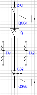 Блок-схема: разъединитель с заземляющим ножом - выключатель - разъединитель с заземляющим ножом (с двумя трансформаторами тока).
