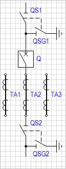 Блок-схема: разъединитель с заземляющим ножом - выключатель - разъединитель с заземляющим ножом (с тремя трансформаторами тока).
