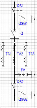 Блок-схема: разъединитель с заземляющим ножом - выключатель - разрядник - разъединитель с заземляющим ножом (с тремя трансформаторами тока).