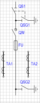 Блок-схема: разъединитель с заземляющим ножом - выключатель нагрузки - предохранитель - заземляющий разъединитель (с двумя трансформаторами тока).